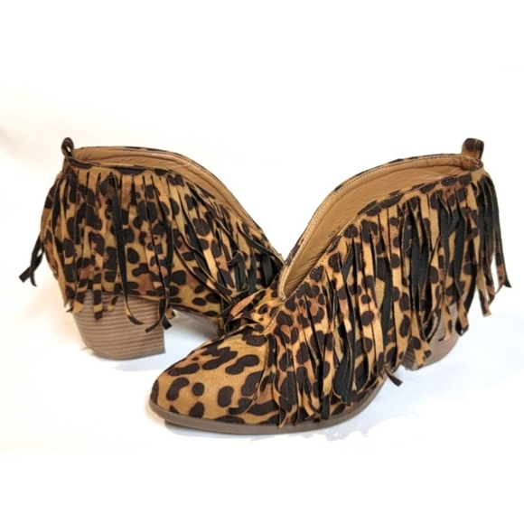 Beast Booties Style: Carrie - 01 Shoes - Beast Fashion - Leopard Print Faux Suede Fringe Ankle Booties Size 10